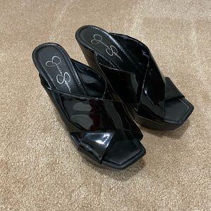 Jessica Simpson Black Patent Leather Wedge Sandals